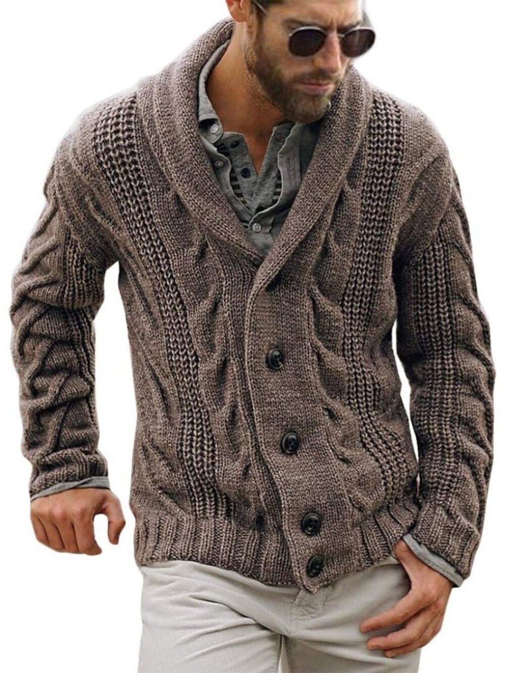 🆕Men's Light Brown Chunky Cable Knit Cardigan Sweater Shawl Collar Button Down